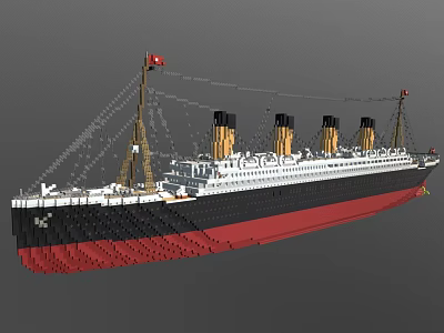 Vintage Cruise Ship Model With Four Funnels And Black White Red Hull 3d model