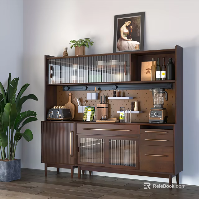 Walnut Wood Sideboard with Glass Doors Storage Shelves Potted Plant and Kitchen Appliances 3d model 