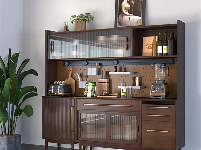 Walnut Wood Sideboard with Glass Doors Storage Shelves Potted Plant and Kitchen Appliances 3d model
