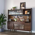 Walnut Wood Sideboard with Glass Doors Storage Shelves Potted Plant and Kitchen Appliances