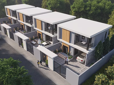 Modern Townhouses with White Roofs Wooden Facades and Trees Around Driveway with Car 3d model