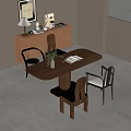 Modern Wooden Dining Table Set with Chairs and Sideboard Decorated with Lamps and Ornaments