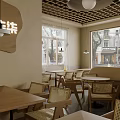 Tropical Restaurant Interior With Latticed Ceiling Thatched Umbrella Palm Tree Wicker Furniture And Large Windows