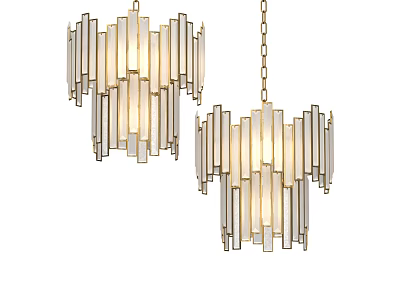Elegant Modern Chandelier With Geometric Striped Metal Frame And Transparent Glass Panels 3d model