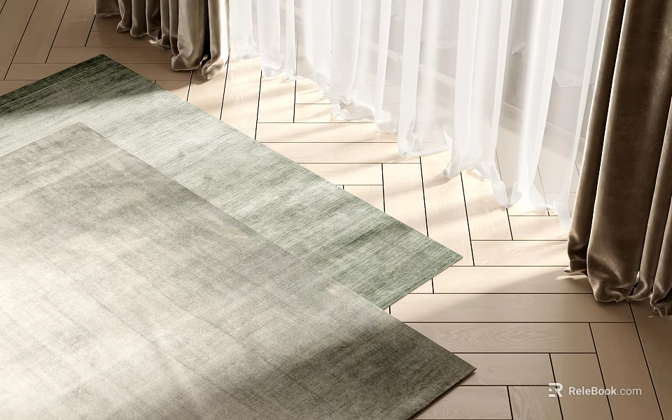 Square Rugs With Gradient Colors On Wooden Floor Near Curtains 3d model 