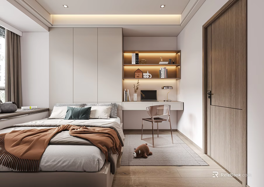 Modern Tatami Bedroom Interior With White Cabinets Wooden Desk And Bookshelf 3d model 