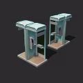 Two Modern Public Phone Booths With Glass Enclosure And Telephone Equipment