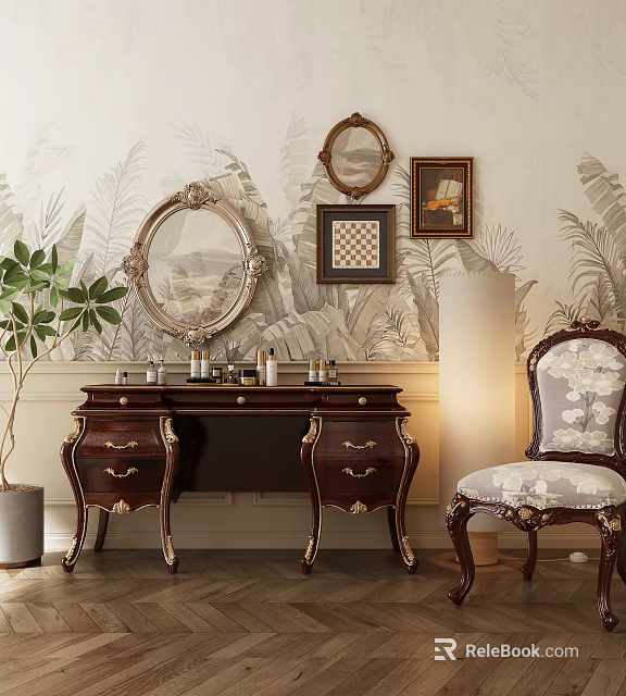 Vintage Wooden Dresser With Ornate Mirror Tropical Wallpaper And Floral Accent Chair 3d model 