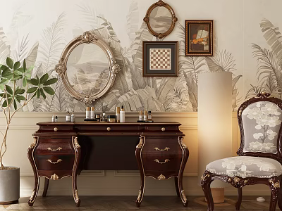 Vintage Wooden Dresser With Ornate Mirror Tropical Wallpaper And Floral Accent Chair 3d model