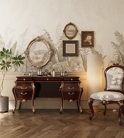 Vintage Wooden Dresser With Ornate Mirror Tropical Wallpaper And Floral Accent Chair 3d model