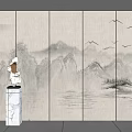 Chinese Style Background Wall with Mountain Landscape Flying Birds and Marble Pedestal Sculpture