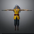 Blue Haired Character In Yellow Vest With Red Belt And Arm Tattoos Holding Dual Sticks