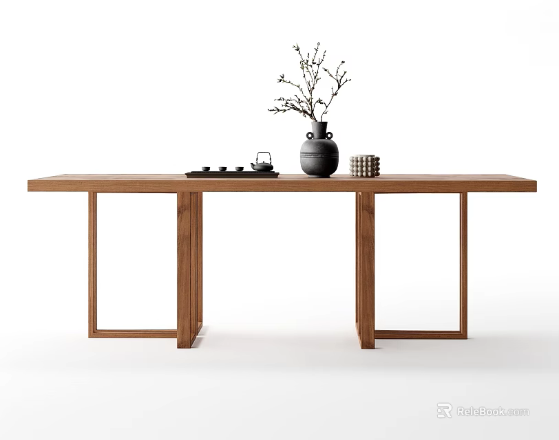 Minimalist Wooden Dining Table With Black Vase Branches And Woven Basket Decor 3d model 