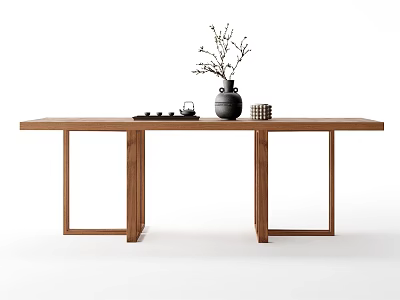 Minimalist Wooden Dining Table With Black Vase Branches And Woven Basket Decor 3d model