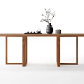 Minimalist Wooden Dining Table With Black Vase Branches And Woven Basket Decor
