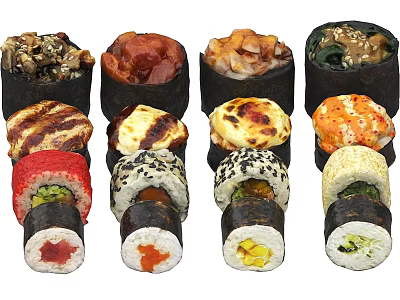 Assorted Sushi Rolls With Different Fillings And Colorful Toppings On 3d model
