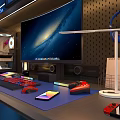 Gaming Desk With Glass Door Cabinets Collectible Figures Blue Lighting Ergonomic Chair Wall Decor 1218