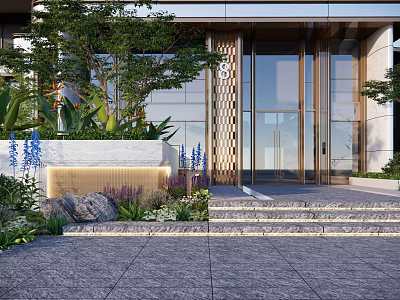 Modern Building Entrance Feature Wall With Wooden Lattice Design Greenery Steps And Glass Doors 3d model
