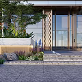 Modern Building Entrance Feature Wall With Wooden Lattice Design Greenery Steps And Glass Doors