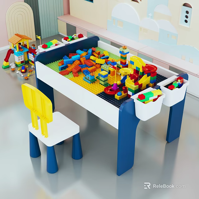 Kids Colorful Building Blocks Table with Play Bricks and Chair Set 3d model 