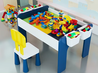 Kids Colorful Building Blocks Table with Play Bricks and Chair Set 3d model