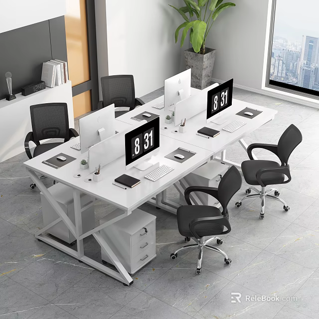 Modern White Office Desk With Computer Monitors Digital Clocks And Black Office Chairs 3d model 