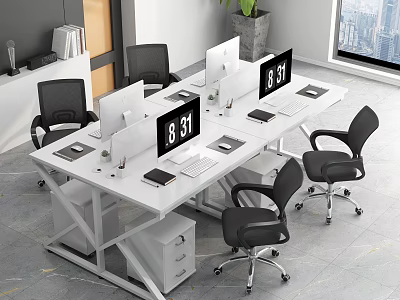 Modern White Office Desk With Computer Monitors Digital Clocks And Black Office Chairs 3d model