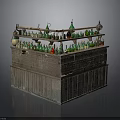 Vintage Display Cabinet With Multiple Shelves Filled With Green And Red Glass Bottles