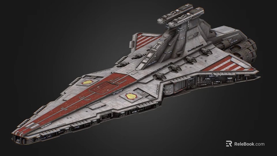 Sci-Fi Starship with Gray and Red Stripes Detailed Structure in Interstellar Space 3d model 