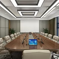 Modern Conference Room With Wooden Table Laptop Microphones And Beige Leather Chairs