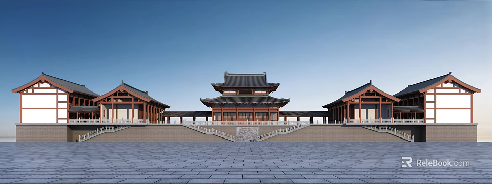 Chinese Ancient Traditional Architecture With Tiered Roof Wooden Eaves And Stone Pavement Square 3d model 