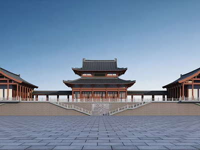 Chinese Ancient Traditional Architecture With Tiered Roof Wooden Eaves And Stone Pavement Square 3d model