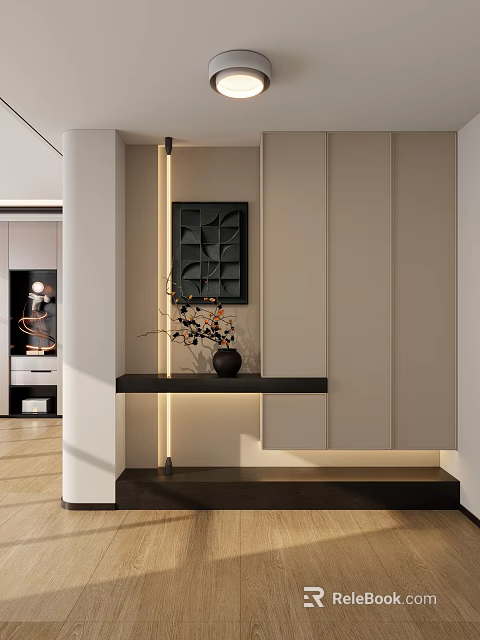 Modern Entryway Hallway With Minimalist Wall Design Decorative Art Console Table Vase And Recessed Lighting 3d model 
