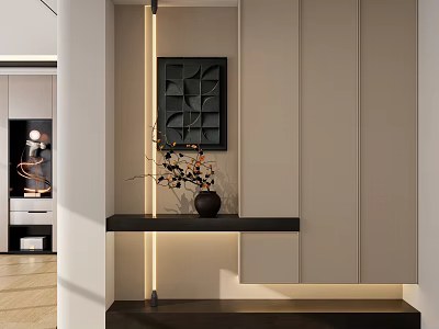 Modern Entryway Hallway With Minimalist Wall Design Decorative Art Console Table Vase And Recessed Lighting 3d model