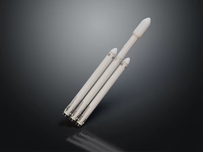 White Rocket Model With Multiple Boosters On Dark Reflective Background 3d model