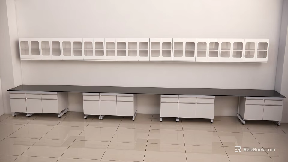 Modern Kitchen Appliance Storage With White Glass Door Cabinets Gray Countertop And Light Tiled Floor 3d model 