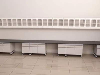 Modern Kitchen Appliance Storage With White Glass Door Cabinets Gray Countertop And Light Tiled Floor 3d model