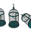 Three Vintage Teal Metal Bird Cages Decorative Ornament Set Standing And Lying