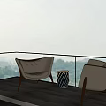 Modern Home Balcony Design With Two Beige Chairs Glass Railing Round Table And Open View