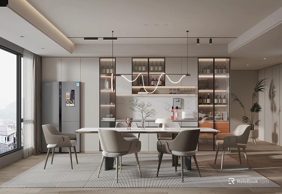 Modern Open Restaurant Kitchen With Dining Table Chairs Pendant Lights And Cabinets 3d model 