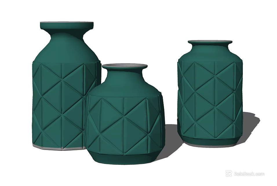 Set Of Three Green Vases With Geometric Pattern For Modern Home Decor 3d model 
