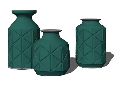 Set Of Three Green Vases With Geometric Pattern For Modern Home Decor 3d model