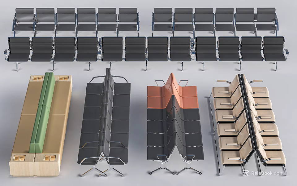 Diverse Public Chairs With Metal Frames And Various Design Styles For Public Areas 3d model 