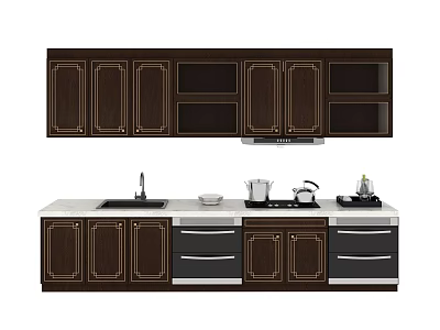 Dark Wood Kitchen Cabinets With Decorative Borders Upper And Lower Units Sink Stove 3d model