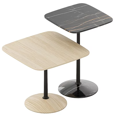 Square Dining Tables Featuring Light Wood Grain Black Marble Tops Black Metal Legs Round Bases 3d model