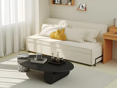 Modern Beige Sofa And Black Coffee Table Set With Decorative Pillows In Bright Living Room 3d model
