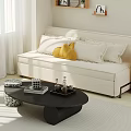 Modern Beige Sofa And Black Coffee Table Set With Decorative Pillows In Bright Living Room