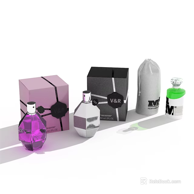 Perfume Cosmetics Display With Stylish Bottles Elegant Packaging Boxes Different Colors And Designs 3d model 