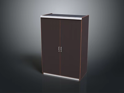 Dark Brown Double Door Cabinet With Silver Handles And White Borders On Top And Bottom 3d model