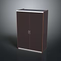 Dark Brown Double Door Cabinet With Silver Handles And White Borders On Top And Bottom